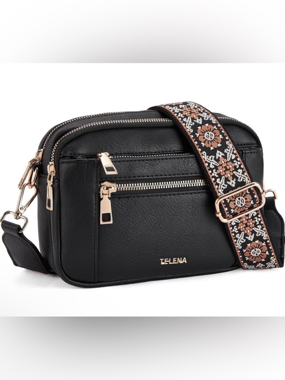 Telena Black Crossbody Bag Decorative Boho Floral Strap